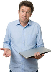 Confused middle aged man with a slight frown holding a closed laptop and gesturing with open hands looking directly at the viewer middleaged confused man technology problem