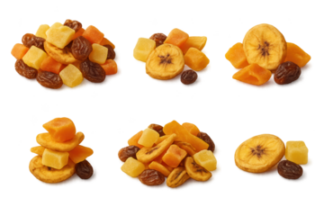 Assorted dried fruit mix with banana chips, mango and pineapple chunks, and raisins