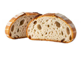 Two halves of artisan sourdough bread, showcasing its airy crumb and golden crust, isolated on transparent background