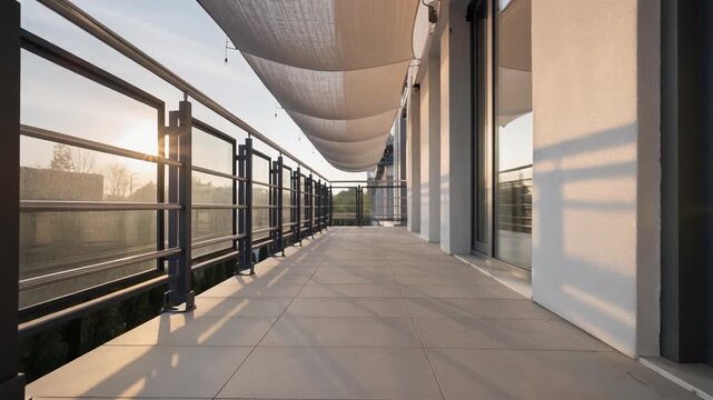 Balcony fabric sunshade terrace architecture, cinematic dolly-in across a spacious modern balcony with a large sunshade and sunset light.