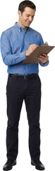 Smiling man in blue collared shirt and dark pants holding a clipboard and writing with a pen transparent background Blue shirt Isolated Person Male Adult Business Professional