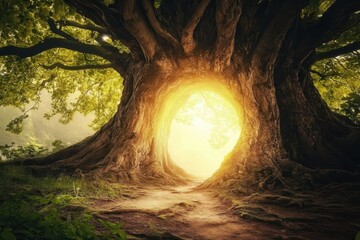 Luminous portal in ancient forest tree