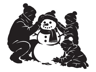 Silhouette black of father and two children building a snowman together vector illustration