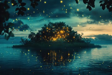 Mystic island with fireflies at night