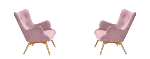 Two classic armchairs art deco style in blue with wooden legs isolated on white background.