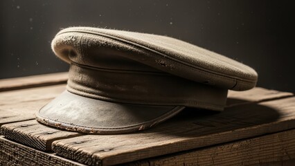 Vintage military cap on wooden crate showcasing nostalgic rustic charm and historical wear