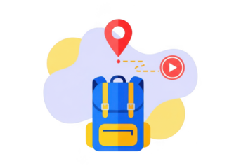 Blue backpack with yellow accents and travel icons, representing journey and destination planning isolated on transparent background