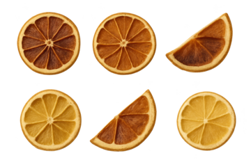 Citrus slices and wedges arranged in flat lay, orange rounds and lemon halves with dried-brown wedge