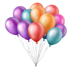 Bunch of colorful balloons floating with their strings tied together against a white background