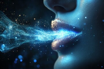 Female lips in profile exhaling magical glowing blue smoke with sparkles and light particles against dark background, creating ethereal flowing effect.