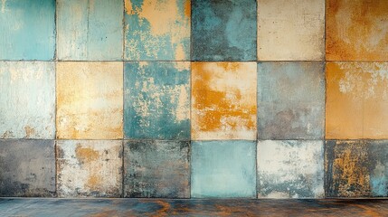 A collection of various patchwork wall tile textures. Features a mix of faded wood, stone, and cement tiles in different colors and patterns for a rustic, eclectic look.