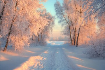 A serene winter wonderland with trees covered in snow and icicles hanging from their branches The soft light of dawn casts a magical glow over the landscape enhancing the pristine beauty of the ...