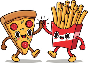 Cartoon pizza and fries characters high five, funny fast food friends for kids, playful mascot design, flat vector illustration