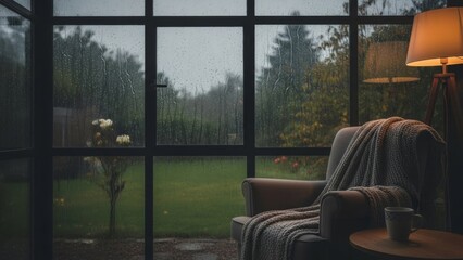 A cozy armchair with a warm blanket and lamp by a large window, offering a serene view of a rainy garden on a peaceful day.