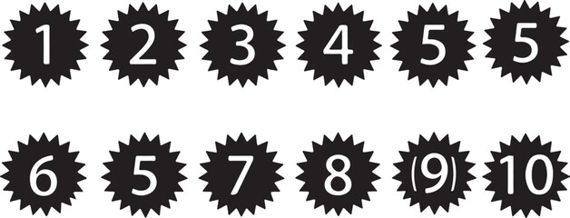 Black Starburst Shapes with White Numbers One Through Ten and Duplicates on White Background vector illustration