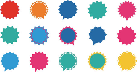 Collection of Colorful Starburst Speech Bubble Shapes on White Background icon symbol