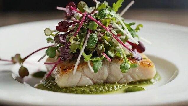 Exquisite Pan-Seared Halibut with Fresh Greens and Pesto Drizzle.