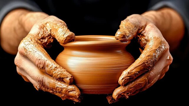 Hands shaping clay pot pottery wheel, artisan craft with wet clay and earthy texture handmade rustic vessel studio, close up creative process focus