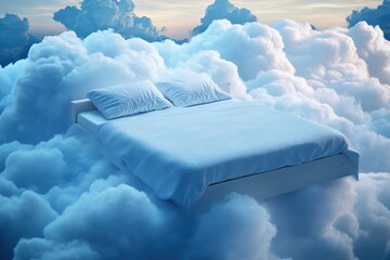 Bed floats on soft blue fluffy clouds in sky. Peaceful scene suggests good sleep and comfort. Image evokes deep sleep and dreams. Symbolic of rested feeling. Beautiful imagery of home and ...