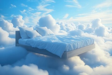Bed floats on soft blue fluffy clouds in sky. Peaceful scene suggests good sleep and comfort. Image evokes deep sleep and dreams. Symbolic of rested feeling. Beautiful imagery of home and ...