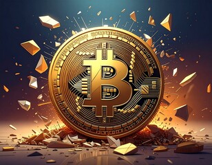 Bitcoin Cryptocurrency Digital Gold Coin Exploding with Abstract Background.