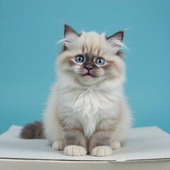 Fototapeta premium Adorable fluffy kitten with blue eyes sitting on white surface against blue background.