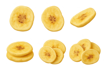 Golden banana chips, crispy round slices arranged in piles