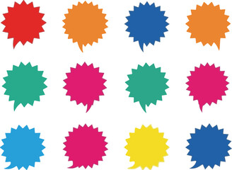 Twelve Assorted Colorful Starburst Speech Bubbles explosion shape