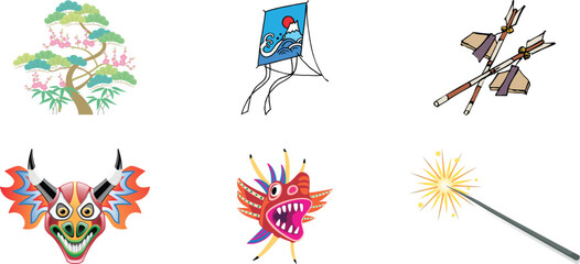 Collection of traditional japanese new year celebration elements including pine tree kite arrows demon masks and a sparkling firework wand