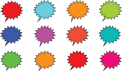 Twelve Colorful Starburst Speech Bubbles With Black Outlines Keywords: speech bubble, starburst, burst, shape, colorful, red, blue, orange, green