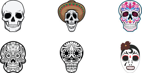 Collection of six diverse skull graphics featuring traditional mexican sugar skulls calaveras and a plain anatomical representation