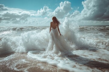 Woman in a white dress standing on the ocean shore with crashing waves and sea foam. Generative AI