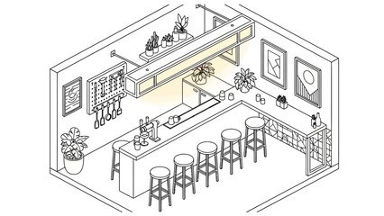 Isometric Illustration of Modern Coffee Shop Interior.