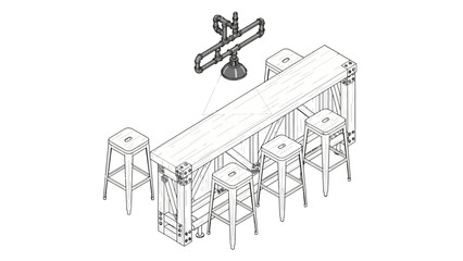 Obraz premium Line Drawing of Bar Counter with Stools.
