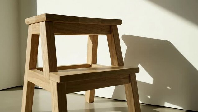 Wooden Step Stool in Sunlight - A Minimalist Interior Scene.