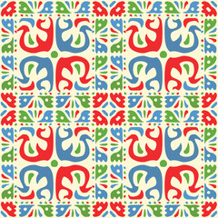 Ethnic seamless embroidery pattern in the slavonic style. Decorative wallpaper or fabric print. Wood painting or fresco ornament. Ancient Russian traditional folk costume style. Vector background