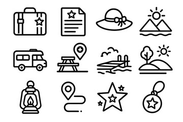 Holiday Adventure Icons. Independence Day Holiday Excursions linear set: travel case, itinerary sheet, sun hat, landscape icon, RV silhouette, picnic spot marker, dockside view,