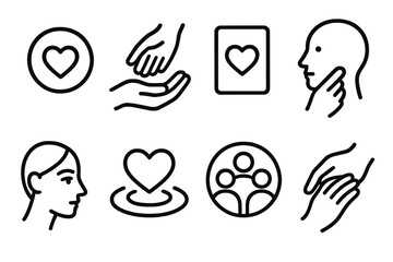 Empathy Icons Collection. Empathetic Daily Actions linear set: kindness token, help-giving hand, affirmation card, thoughtful pause icon, attentive glance, compassion ripple,