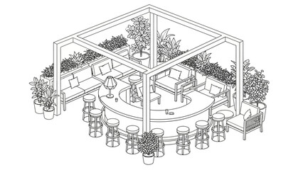 Detailed Architectural Drawing of Modern Bar Area.