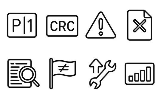 Error Detection Icons. Error Detection Suite linear set: parity bit symbol, CRC block, anomaly alert, corrupted file marker, log magnifier, mismatch flag, correction tool, data