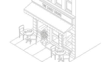 Sketch of Outdoor Cafe with Tables and Chairs.