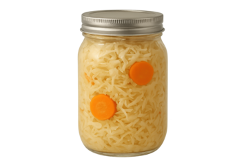 Glass mason jar filled with shredded cheese and round carrot slices, sealed with metal lid