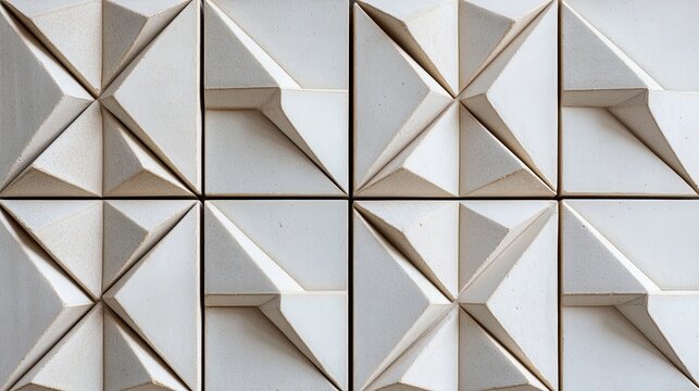 A modern, architectural pattern of 3D fluted triangular tiles with raised edges. This geometric texture, in concrete and dark tones, is perfect for contemporary wall panels and backdrops.