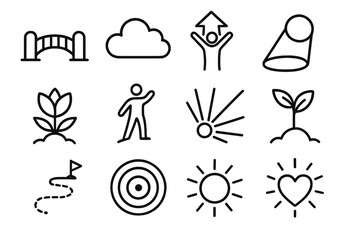 Dream to Success Icons. Positive Outcome Visualization linear set: dream-to-goal bridge, aspiration cloud, empowering lift arrow, focus spotlight, potential unfolding icon, success