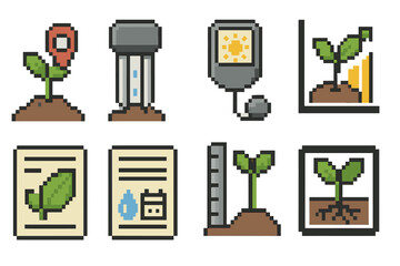 Plant Growth Icons. Plant Growth Monitoring set of icons in flat pixel vector style: seedling marker, soil moisture probe, light meter, growth chart, leaf health card, watering