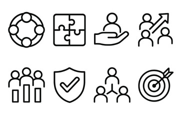 Team Synergy Icons. Team synergy themes linear set: unity ring, joint effort tile, support hand icon, clarity arrow, cooperation bar, trust badge, communication node, progress