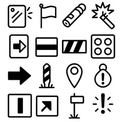 Wilderness Signal Kit Icons. Wilderness Safety Signaling Kit linear set: signal mirror, bright cloth marker, emergency whistle, flare stick icon, trail direction card, reflective
