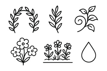 Garden Icon Set. Garden Botanical Scenes linear set: leafy arch, herb sprig, vine curl, bloom cluster, garden bed line, watering droplet.