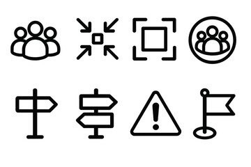 Symbolic Meeting Icons. Meeting point symbols linear set: group circle, focus arrows, safe area square, assembly badge, route sign, guiding board, caution indicator, location flag.