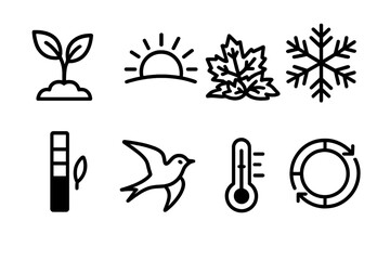 Seasonal Icons Collection. Changing Seasons Set linear set: spring shoot, summer sunshine arc, autumn leaf pile, winter snowflake, shifting daylight bar, migrating bird icon,